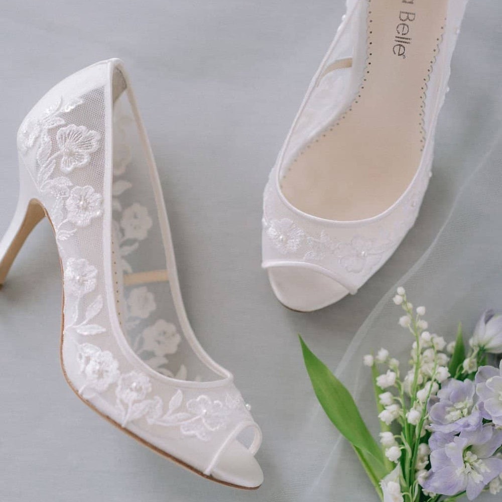 Bella Belle ivory peep toe embroidered lace pump